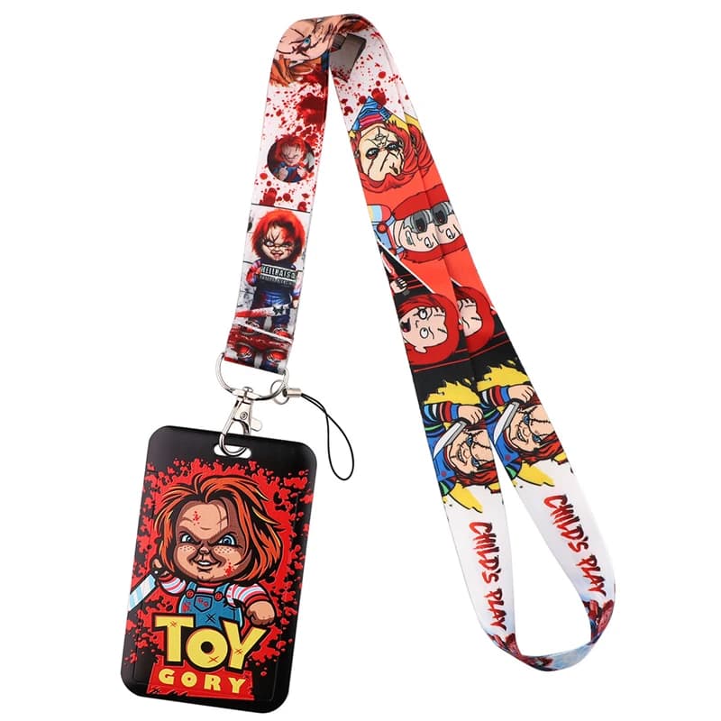 Film horror Chucky Bambino Moda Cordino ID Porta badge Bus Pass Custodia Cover Slip Porta carte di credito bancario Porta carte