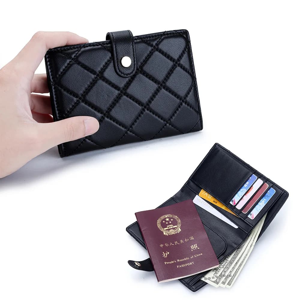 Porta passaporto per donna Uomo Porta carte da viaggio con chiusura a scatto Adatto a passaporto/carte/portafogli da viaggio in pelle di pecora