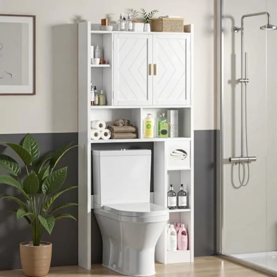 Mobiletto salvaspazio sopra il WC con ripiani regolabili, porta carta igienica, bianco, per bagno, ideale per risparmiare spazio in casa