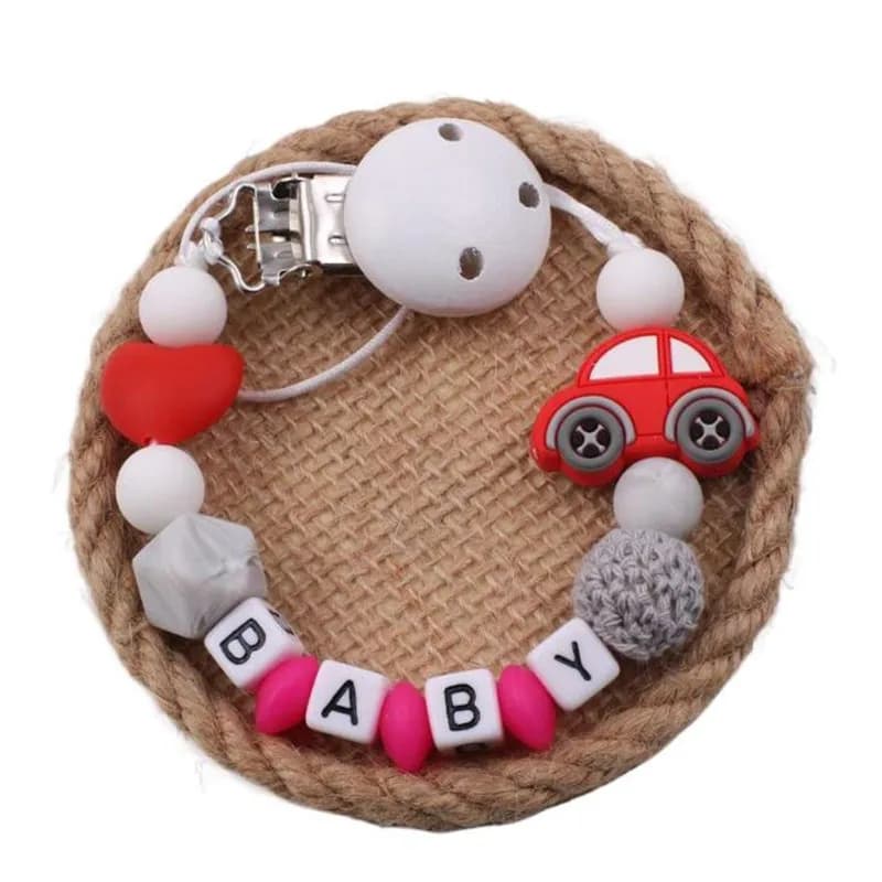 Clip per ciuccio per bambini in cartone animato Catena con nome inglese personalizzato Perline Massaggiagengive Porta ciuccio