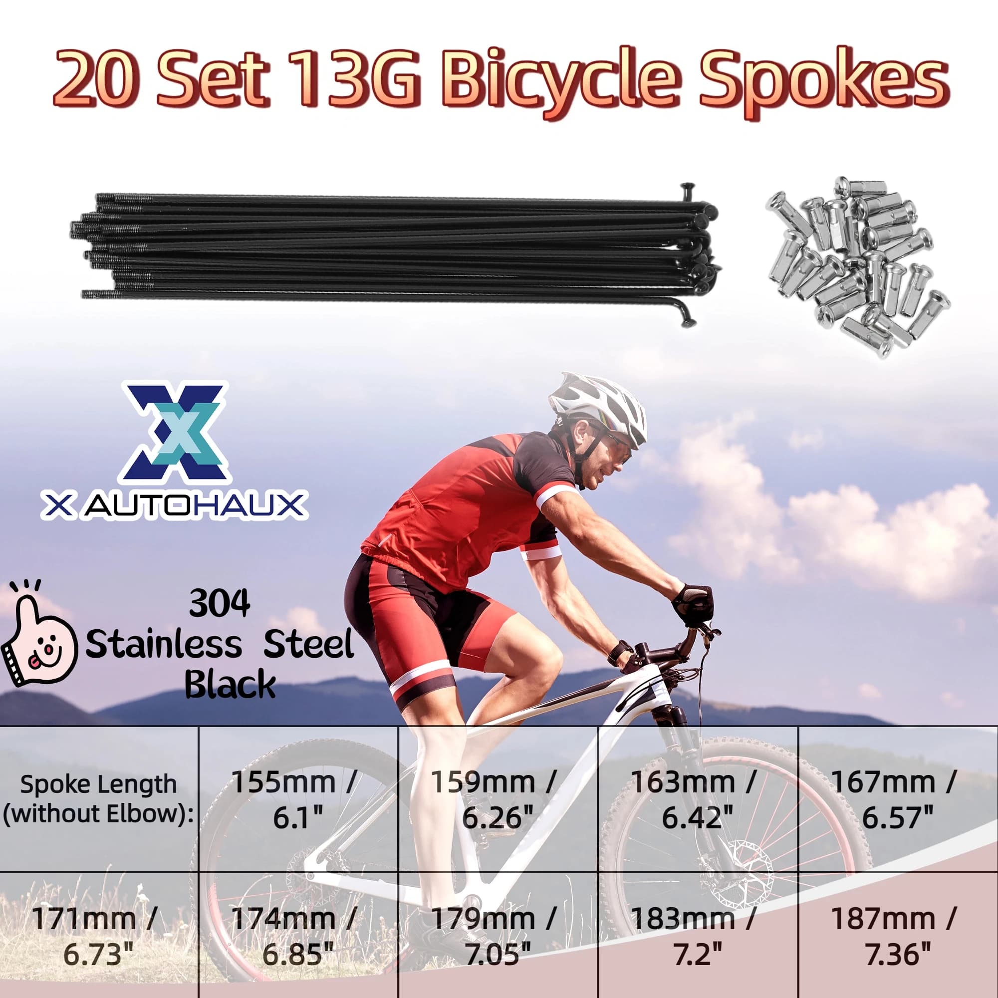 X Autohaux 20 Set 13G Raggi per bicicletta 155mm 159mm 163mm 167mm 171mm 174mm 179mm 183mm 187mm Raggi per ruote bici Acciaio inossidabile 304