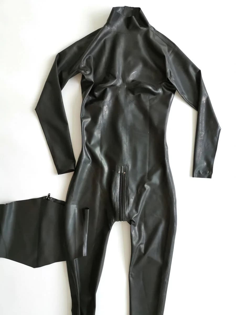 Catsuit in lattice su misura da donna a maniche lunghe, nero tinta unita, con cintura, calze e guanti inclusi