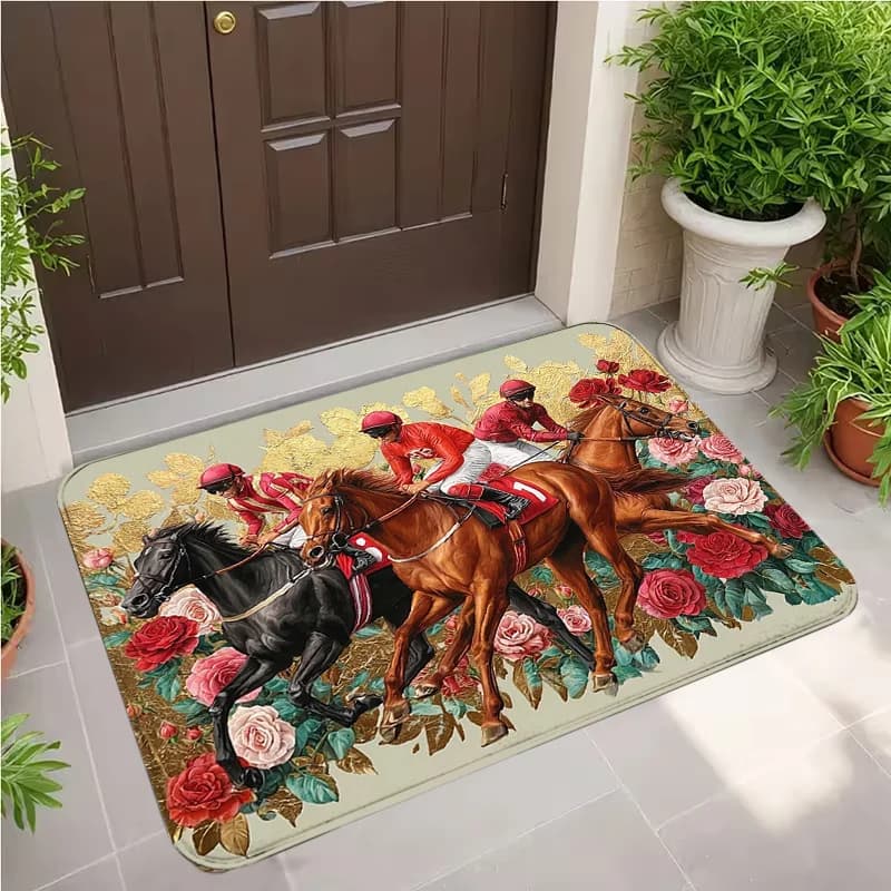 Tappetino in flanella lavabile antiscivolo con motivo a fiori VIKAMA Racing Horse per soggiorno, camera da letto, decorazione domestica