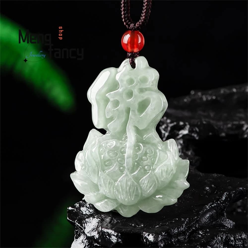 Natural Jadeite Lotus Flower Ice Seeds In front of Buddha Pendants Fashion Jewelry Amulet Woman Party Gifts Necklace