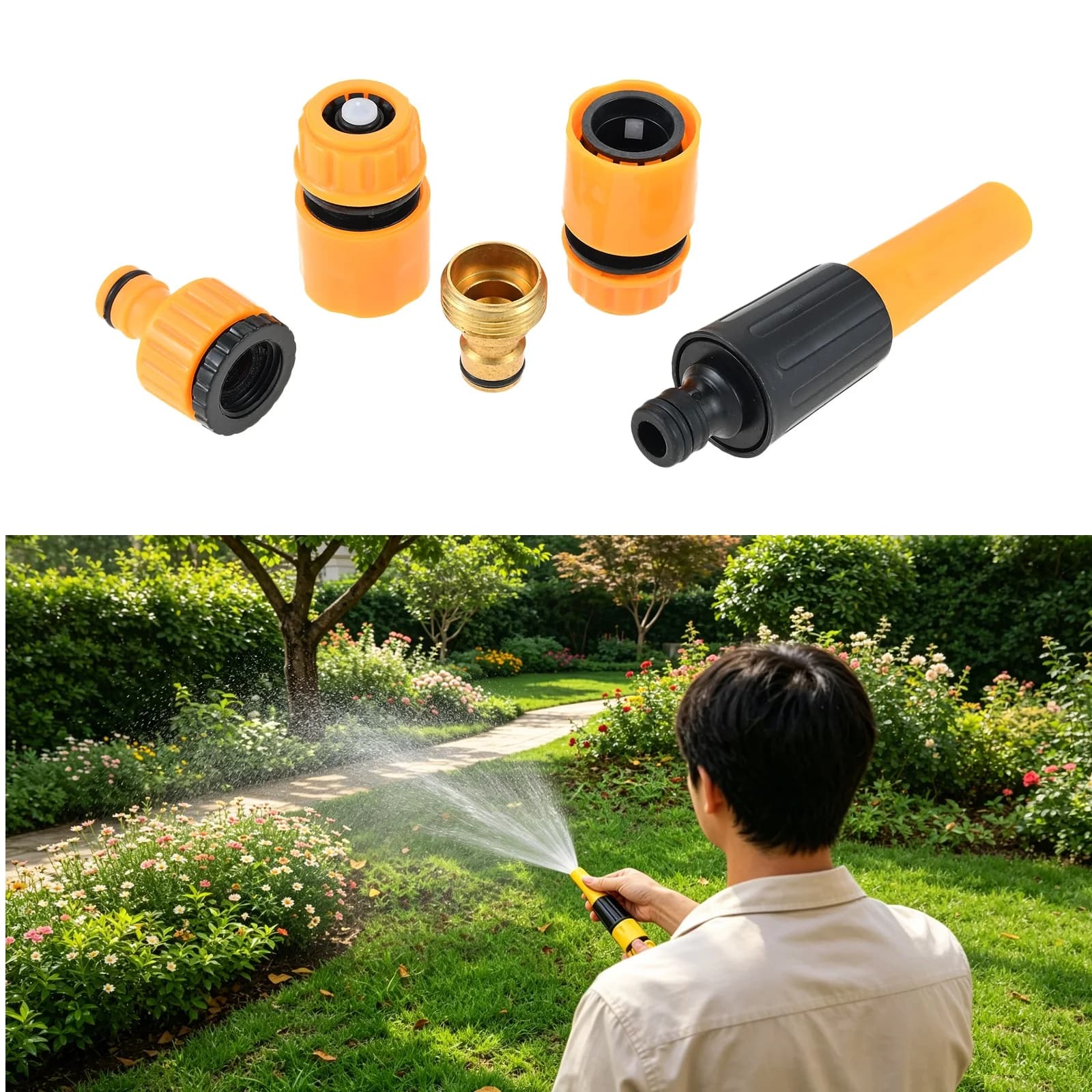 Kit da 5 connettori rapidi per tubi da 1/2" e 3/4", adattatori per installazione rapida di ugelli spray, tubi per irrigazione da giardino e lavaggio auto, in PP e ottone