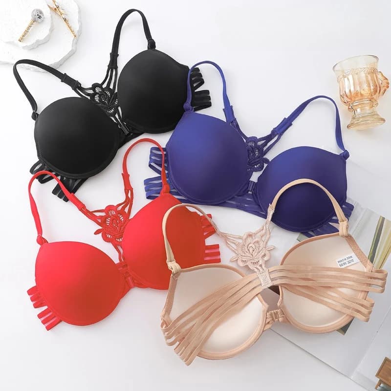Reggiseno in pizzo con bottoni frontali alla moda, coppa 3/4, reggiseno senza cuciture con schiena decorata, intimo senza ferretto, reggiseno a V profonda, reggiseno da spiaggia