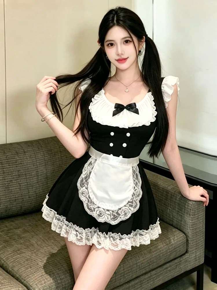 Sexy Pure Desire Girl Short Skirt Uniform Waitress Apron Cosplay Club Knot Maid Set Short Pencil Skirt Dress