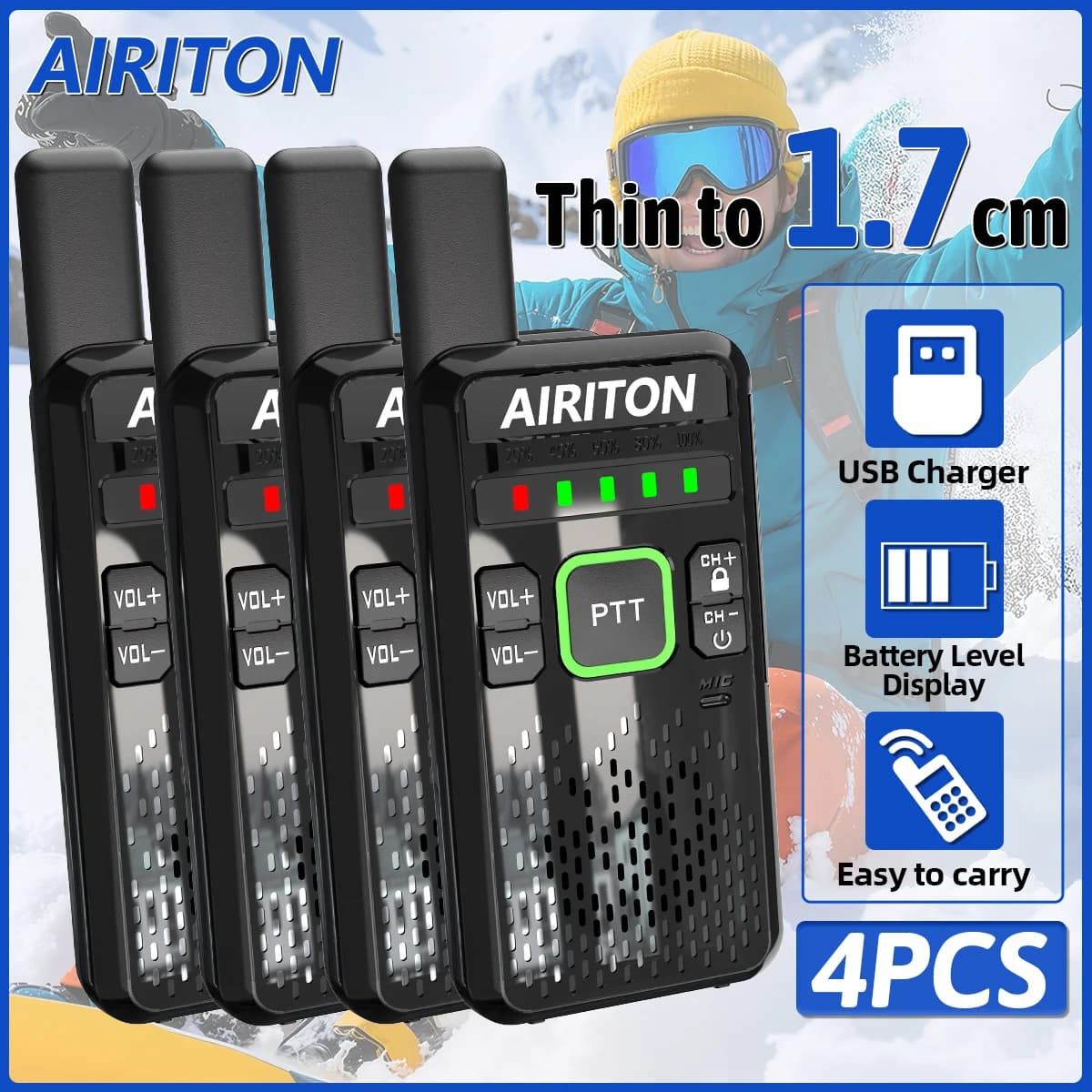 2 Pezzi AIRITON AI-M9 Mini Walkie Talkie Sottile fino a 1,7 CM Ricaricabile UHF con Display Livello Batteria Suono HD Caricatore Type-C Radio Ham