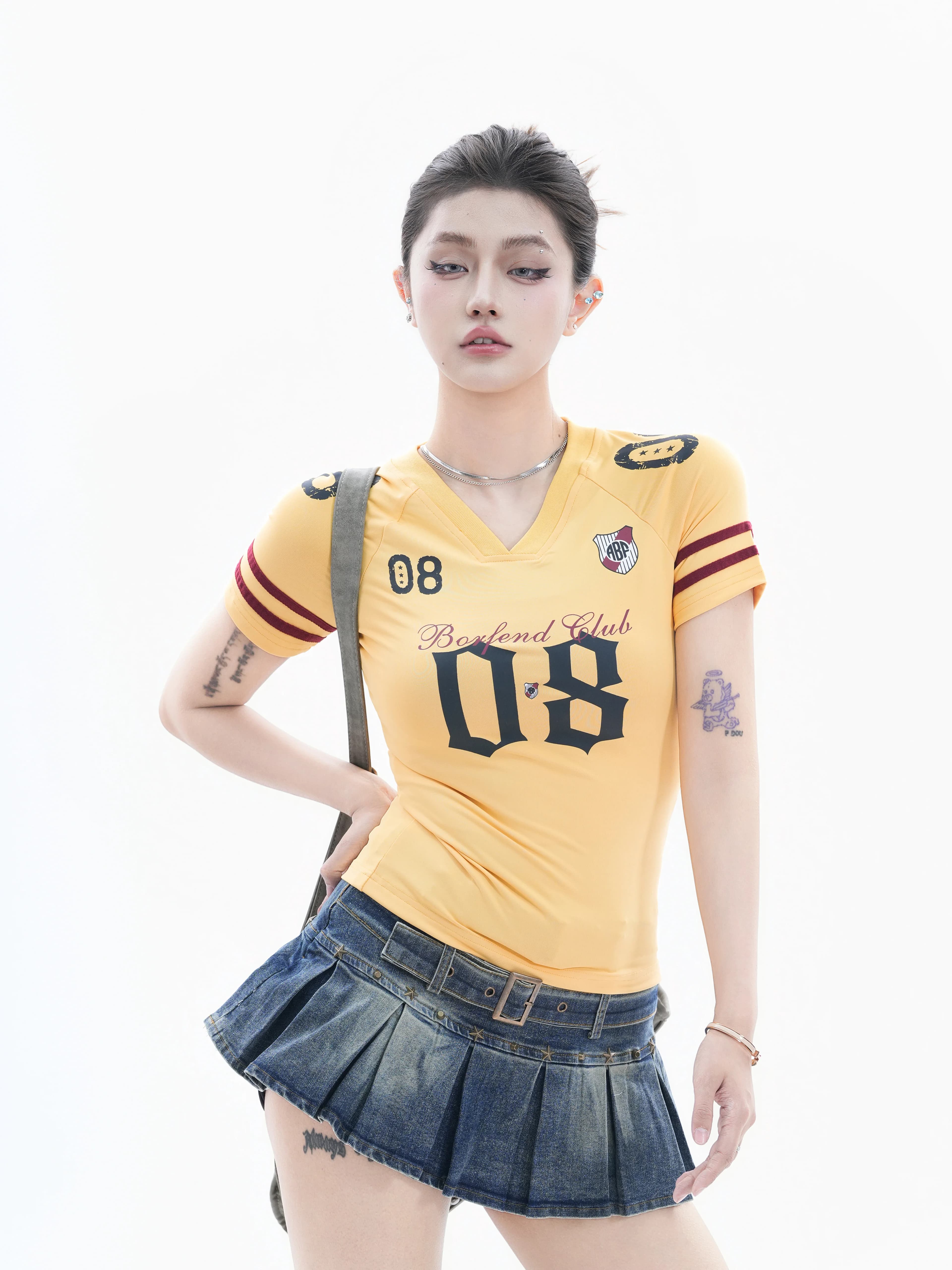 Slim Fit Sporty Short Sleeve V-Neck Striped T-Shirt Women's Retro American Hot Girl Style Small Ball Polyester Spandex Blend