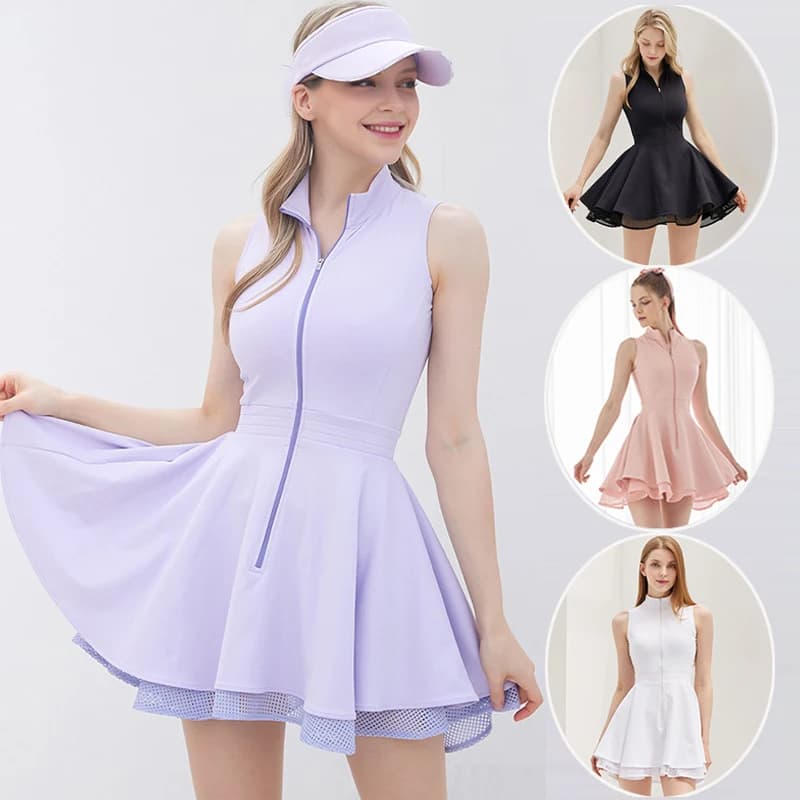 Moda Tennis Golf Abbigliamento Donna Senza maniche Abito sportivo in pizzo Quick Dry Mezza zip Abiti slim Donna Ragazza Gonna sportiva in jersey