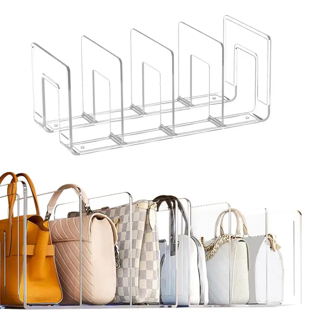 Organizzatore di borse in plastica trasparente Borsa a 4 sezioni Scaffale per armadio Divisore per borse Espositore per cancelleria Scaffale per ufficio
