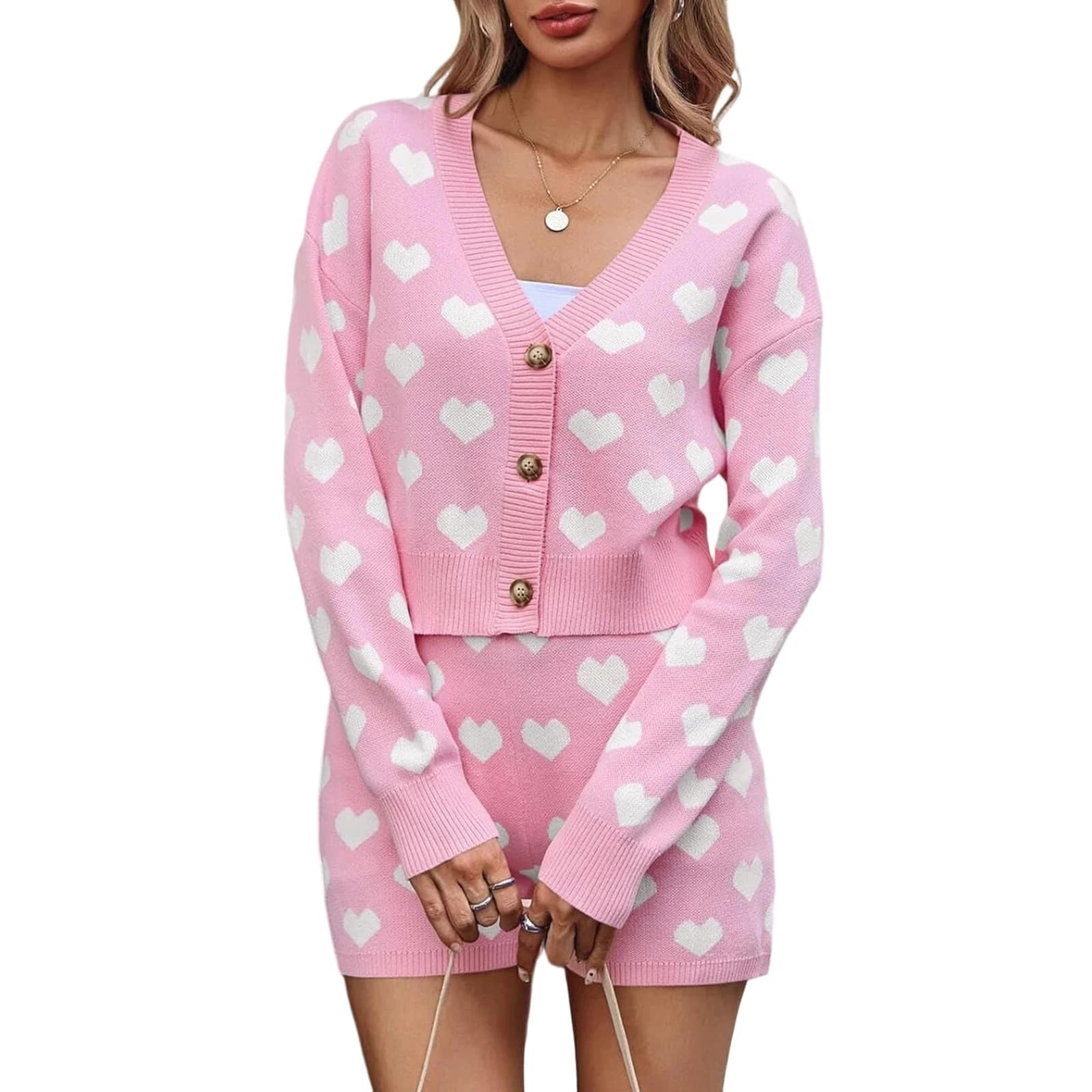 Women's sweater set, casual and elegant, with heart pattern, long sleeve cardigan with V-neck and shorts