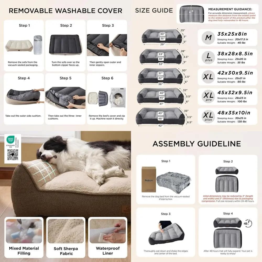 Letto per cani ortopedico grande - XL Plus Jumbo, supporto spesso, copertura impermeabile, lavabile, fodera Sherpa, base antiscivolo, marrone, 48