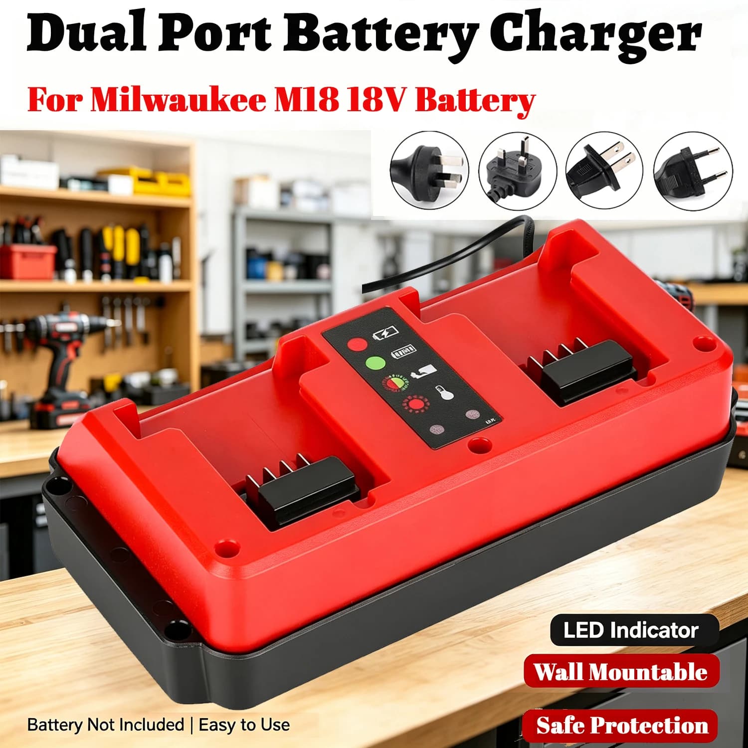 Dual Port Fast Charger For Milwaukee M18 14.4V-18V Battery Intelligent Sequential Charge LED Indicator Wall Mount