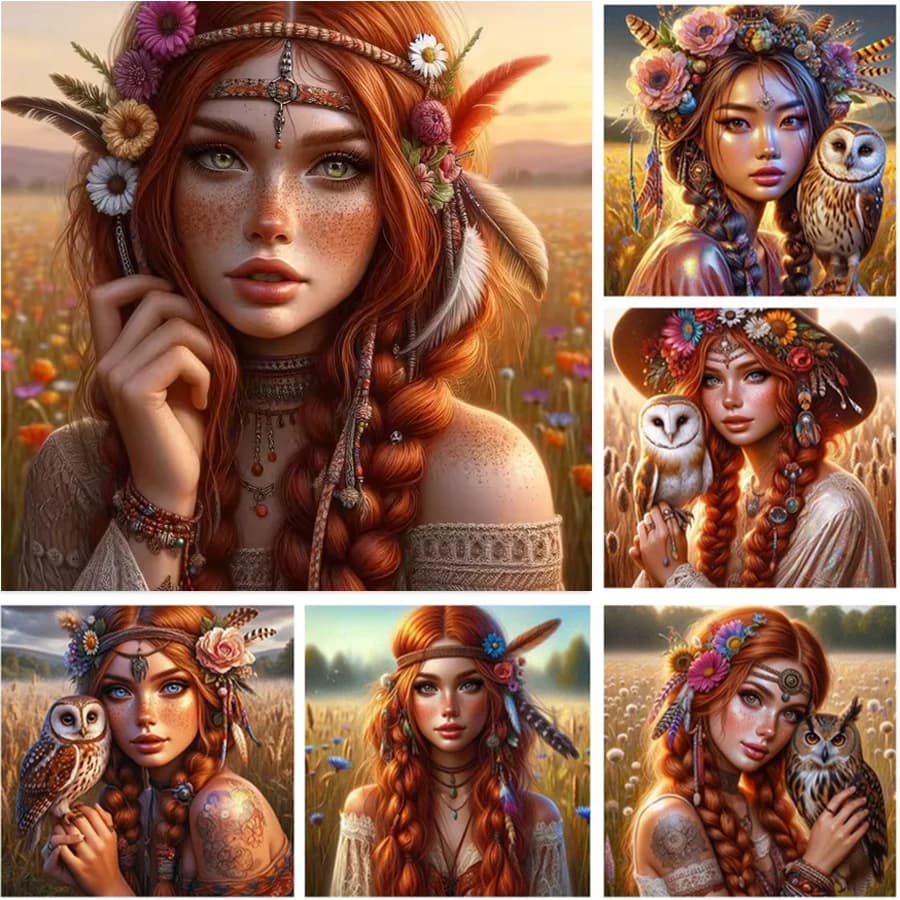 5D Dreamcatcher DIY Diamond Painting Diamond Embroidery Mosaic Beautiful Tribal Girl And Owl Picture Cross Stitch Kit Home Decor