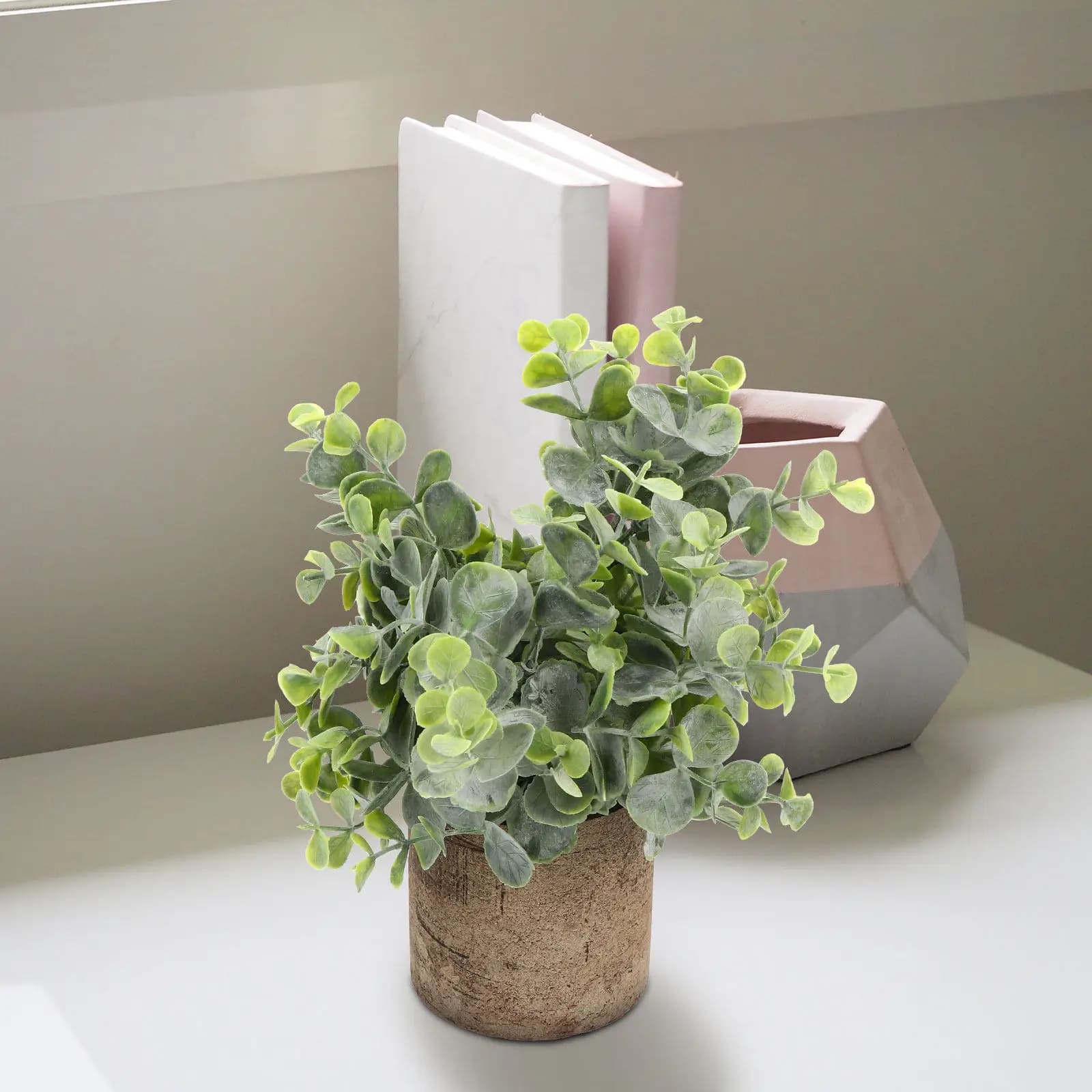 Small Artificial Eucalyptus Potted Plant Lifelike Fake Green Plants Home Office Bar Decor No Watering Needed Realistic Bonsai
