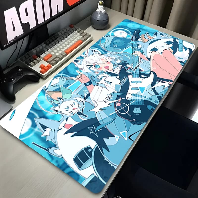 Tappetino per mouse da gaming, grande tappetino da scrivania, bordi cuciti, stampa gatto anime blu con chitarra e squalo, tappetino per tastiera per gamer, ufficio e casa