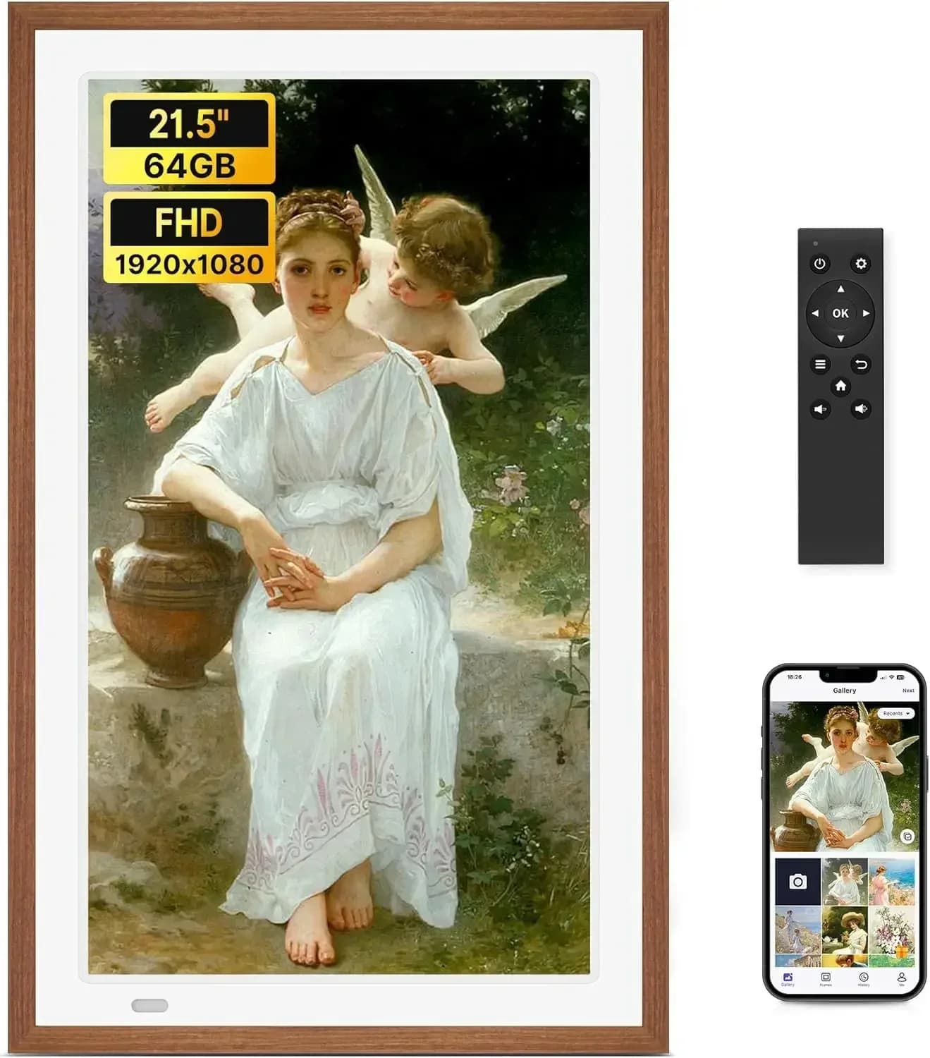 Cornice digitale Uhale da 21,5 pollici con telecomando, display IPS FHD 1920 x 1080, cornice per foto in legno con WiFi, 64 GB, montabile a parete