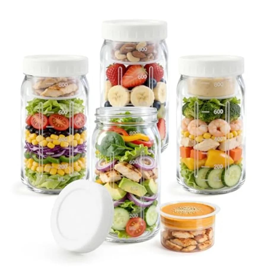 4Pack Glass Salad Jars with lids meal prep- 32oz Leakproof container for lunch Comes with 2 Built-In Compartments for Wet/Dry S