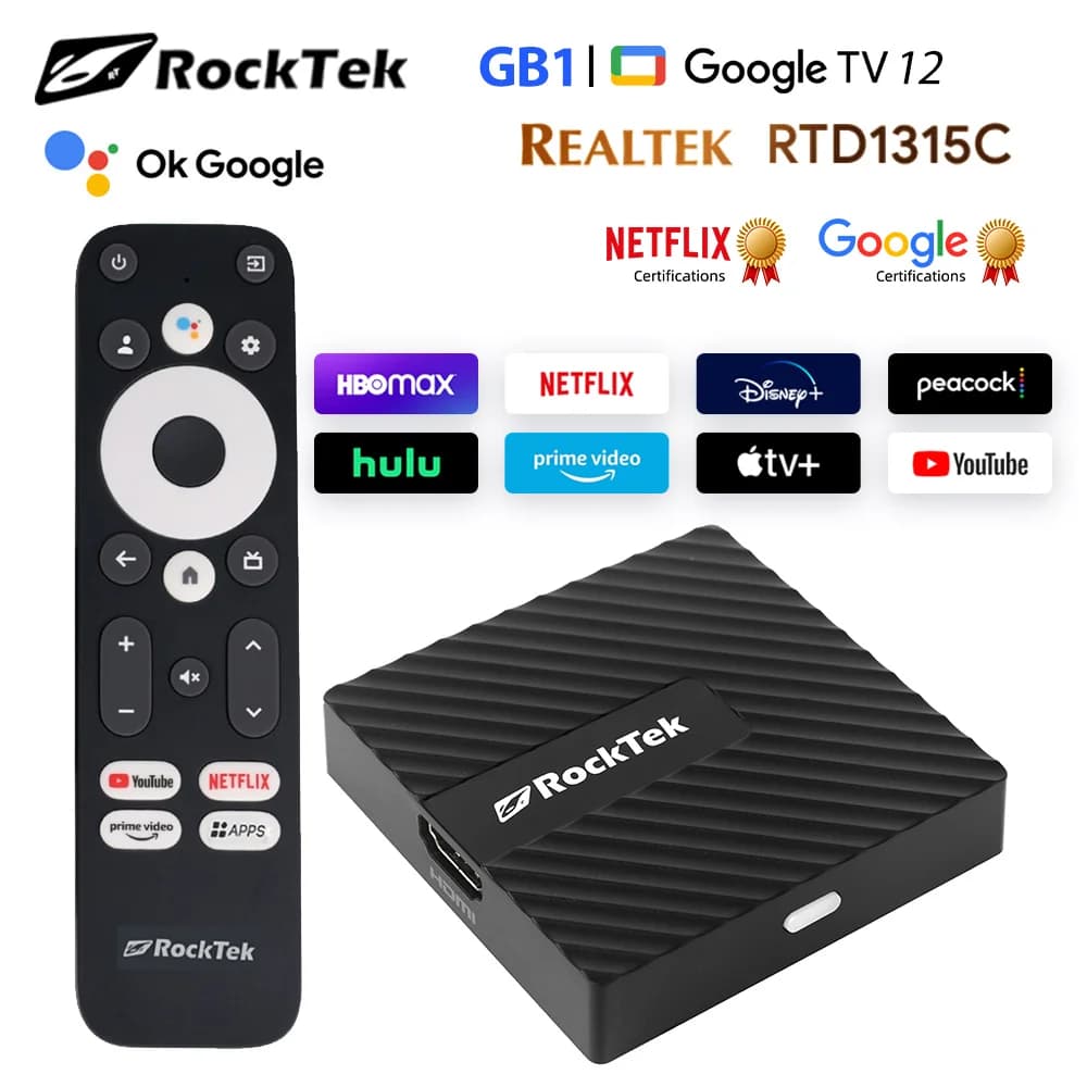 RockTek GB1 TV Dongle Netflix Google Certificate 2GB DDR4 16GB eMMC Realtek1315C A55 Support Dolby Atmos Vision 2T2R Wifi BT5.0