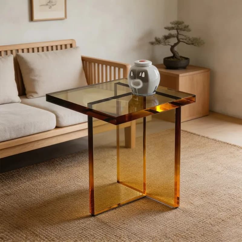 Luxury Modern Minimalist Translucent Amber Thick Acrylic Square T Shape Design for Hotel Villa Living Room End Table