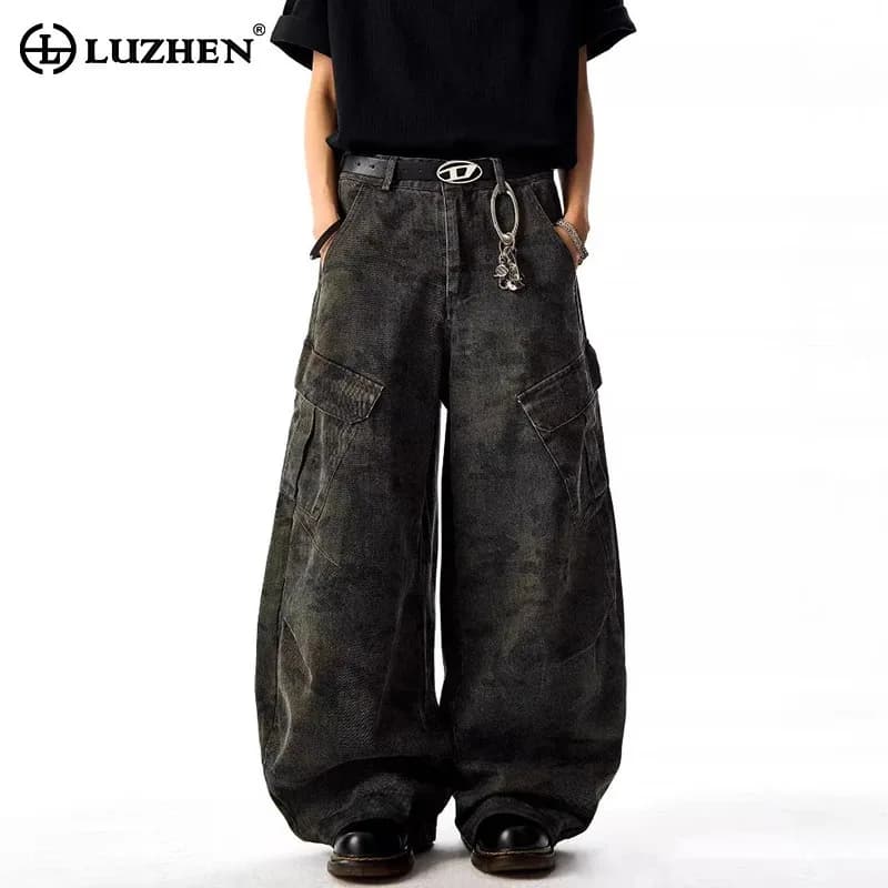 LUZHEN stile americano multi tasche decorano pantaloni in denim dritti larghi da uomo 2025 nuovi jeans maschili a gamba larga dal design originale JY3093