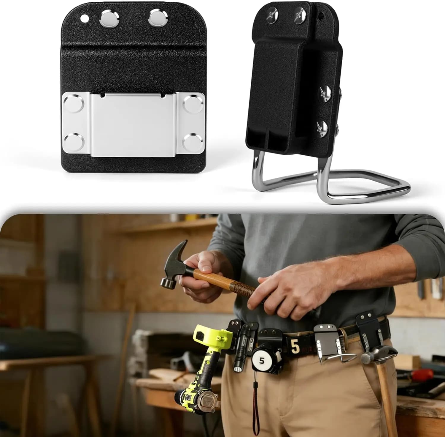Clip per cintura portautensili a basso profilo per misuratori a nastro, martelli, trapani - Adatto a cinture fino a 2 pollici, design ad accesso rapido