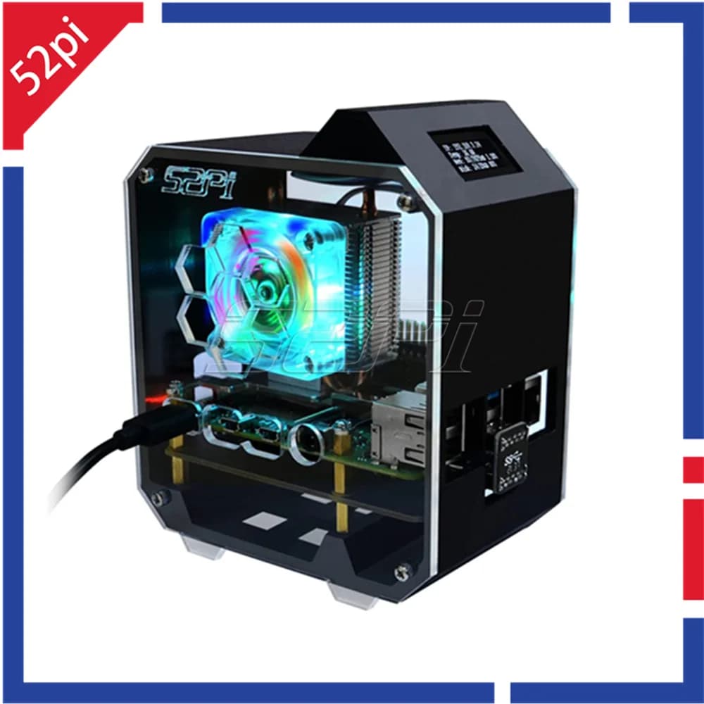 52Pi Raspberry Pi 4 model B ABS Mini Tower NAS Kit with power adapter Dispaly screen Ice Tower 0.96