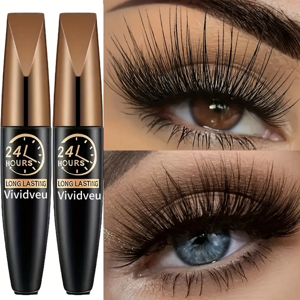 2 waterproof fiber mascara + puff, which confer curvature and volume, long-lasting black formula, waterproof, resistant to drooping, not drooling.