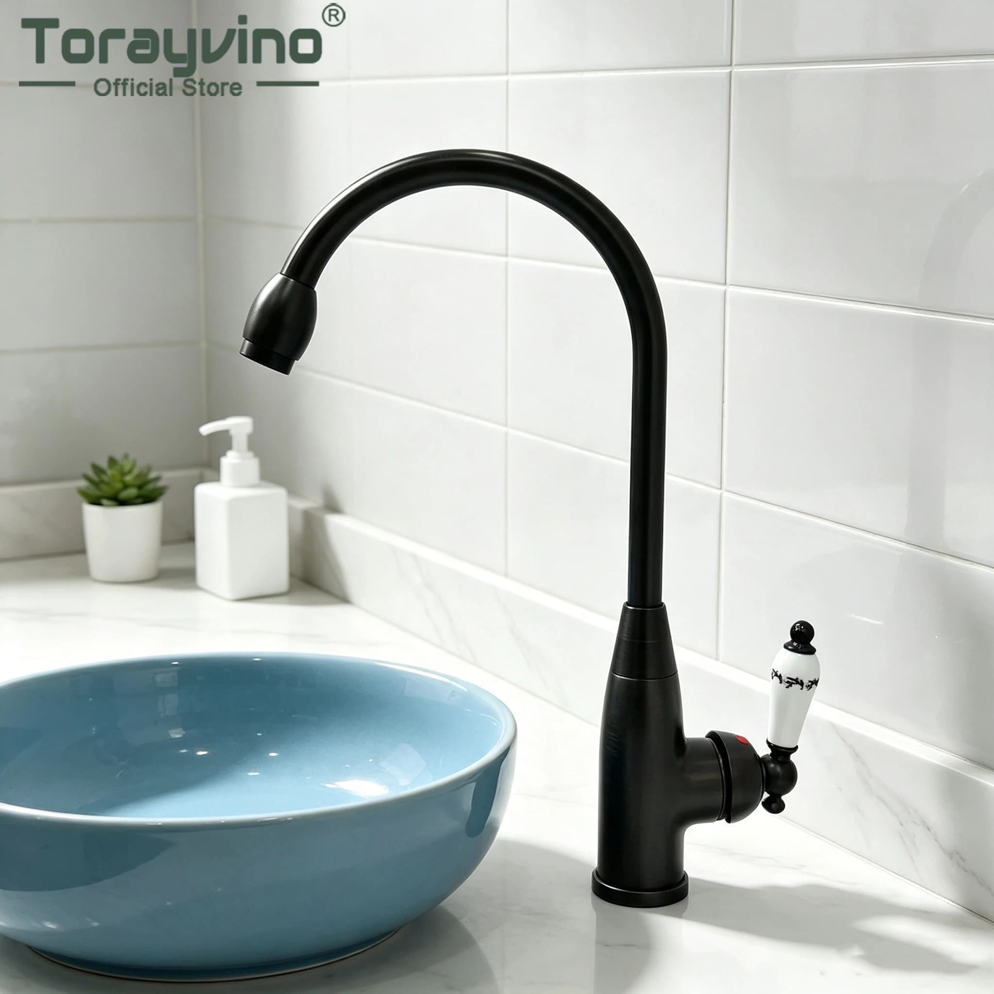Torayvino Bathroom Basin Faucet With Porcelain Handle Matte Black Cold Hot Water Lever Stream Mode Vanity Top Sink Faucets Set