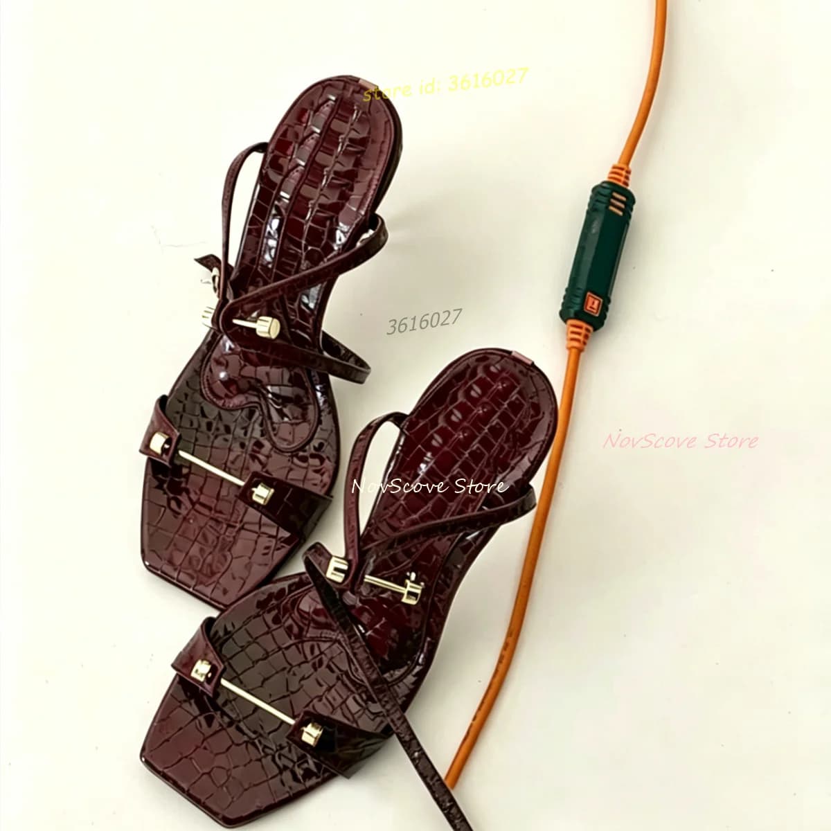 Burgundy Open Toe Nail Decor Sandals Stiletto High Heels Ankle Straps Square Toe Snake Pattern Leather Sexy Women Party Sandals