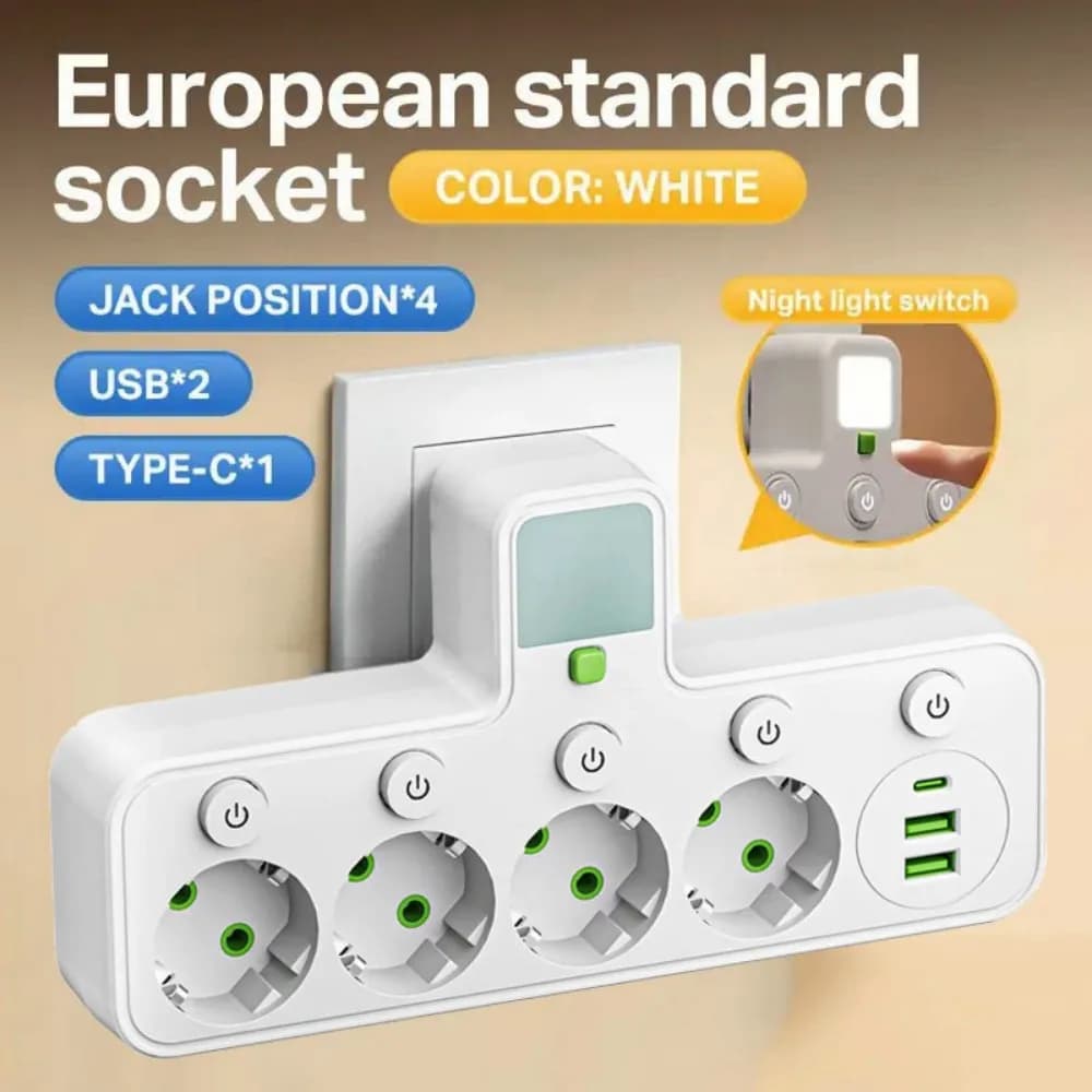 EU 4 sockets with 2 USB Type-C ports without extension adapter for wall chargers for home offices