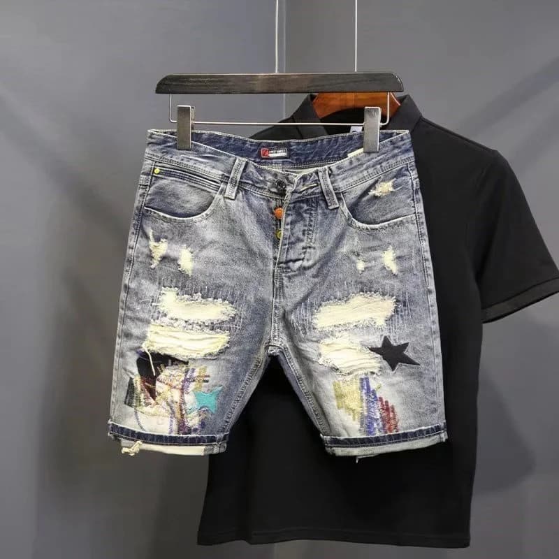 Pantaloncini di Jeans mendicanti con toppa raschiata moda uomo estiva pantaloncini di Jeans lavabili Hip Hop pantaloni medi Casual
