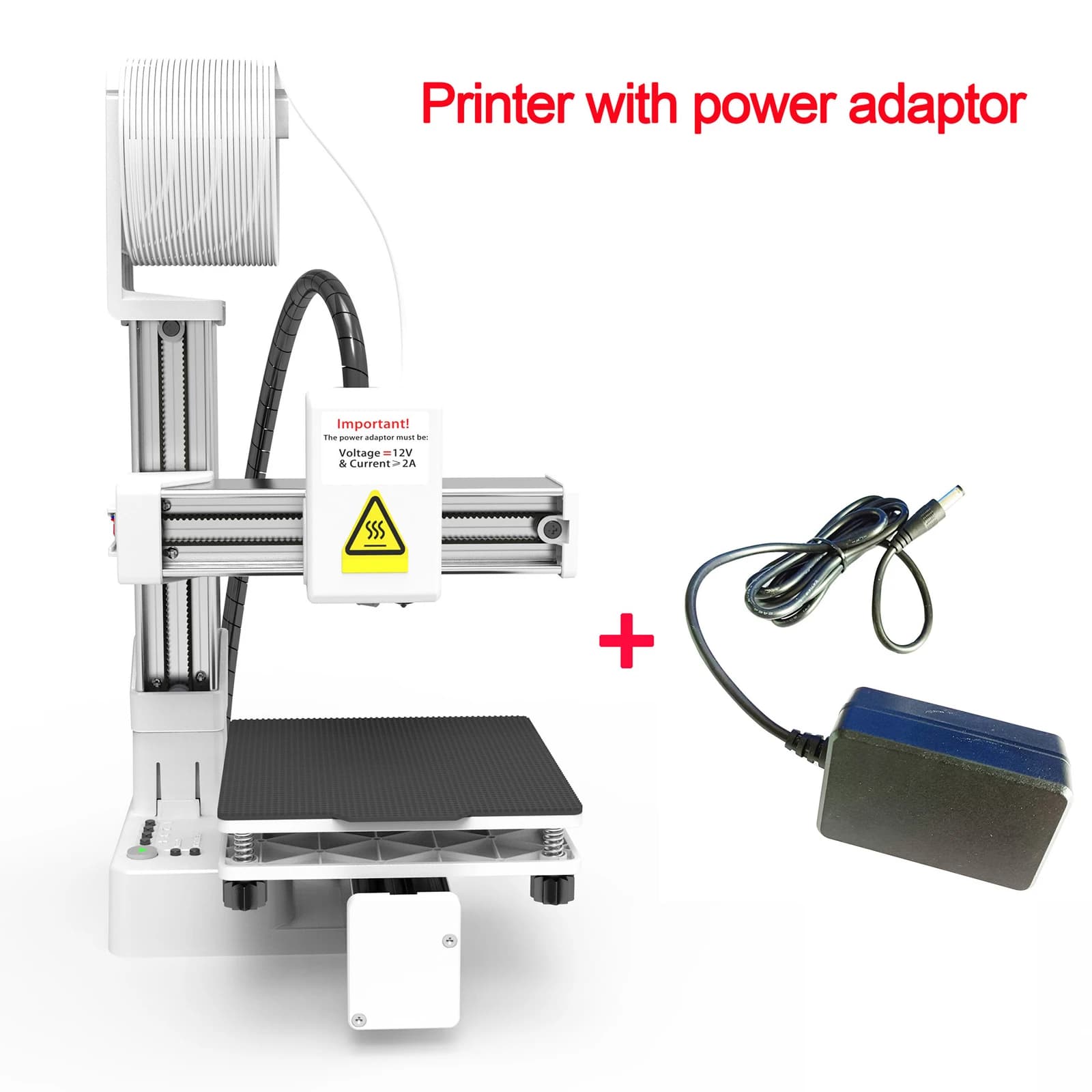 Stampante 3D entry-level compatibile con filamenti PLA e TPU da 1,75 mm, include alimentatore.