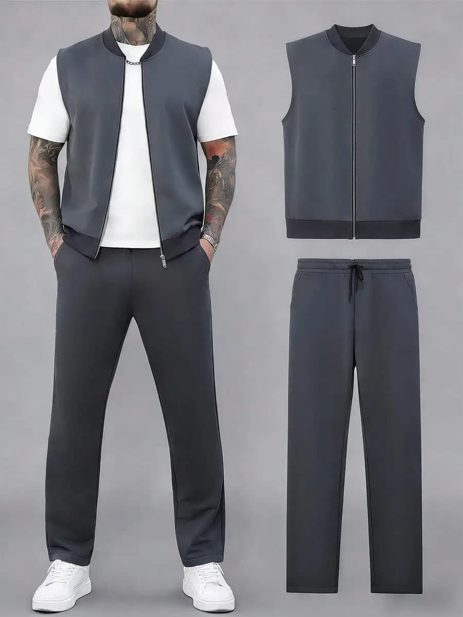 Giacca grigia senza maniche con zip frontale da uomo e pantaloni jogger con coulisse abbinati, set casual streetwear per l'uso quotidiano estivo e per i viaggi