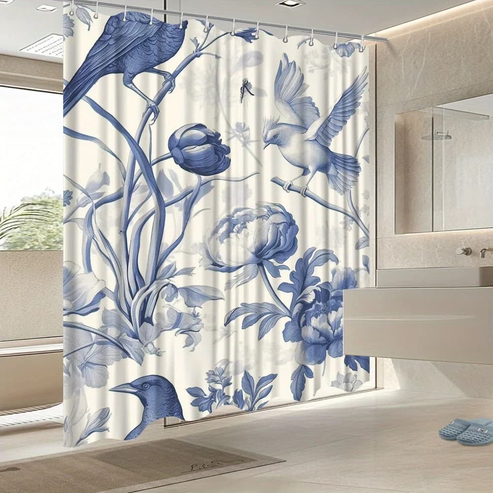 Tenda da doccia con motivo floreale, design a tulipano blu e bianco vibrante, perfetta per l'arredamento del bagno per tutte le stagioni