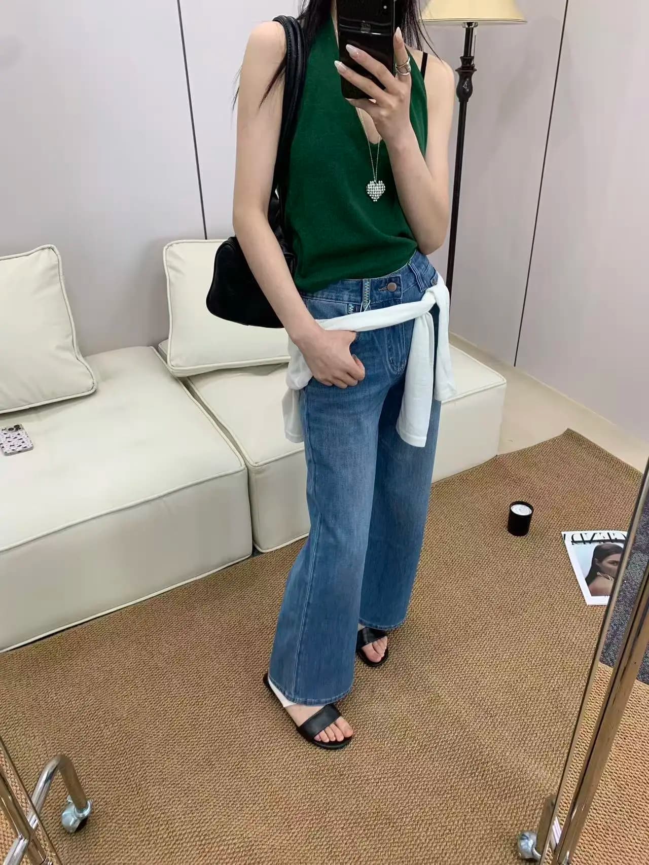 Jeans a Vita Alta e Gamba Dritta per Donna, Pantaloni in Denim Semplici e Versatili con Sciarpa in Seta, Abbigliamento Casual alla Moda per Signore