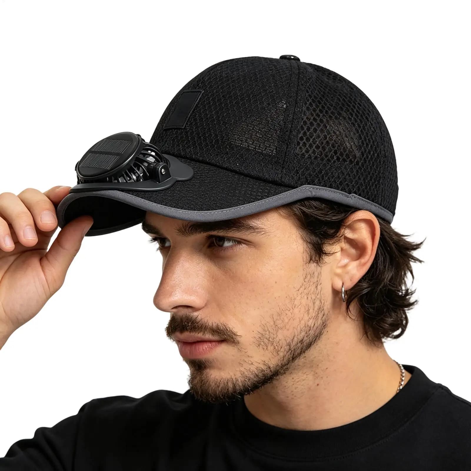 USB Rechargeable Solar Cooling Hat Outdoor Baseball Cap with Built in Fan Breathable Mesh Adjustable Wind Speed Camping Fishing