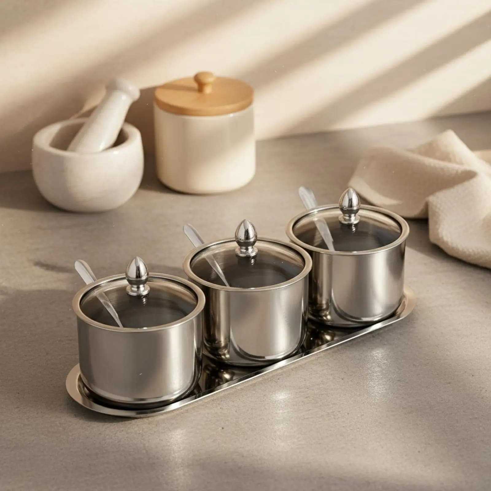 Set di Contenitori per Spezie in Acciaio Inox con Design a Bocca Larga, Organizzatore per Condimenti da Bancone Cucina e Tavola da Pranzo