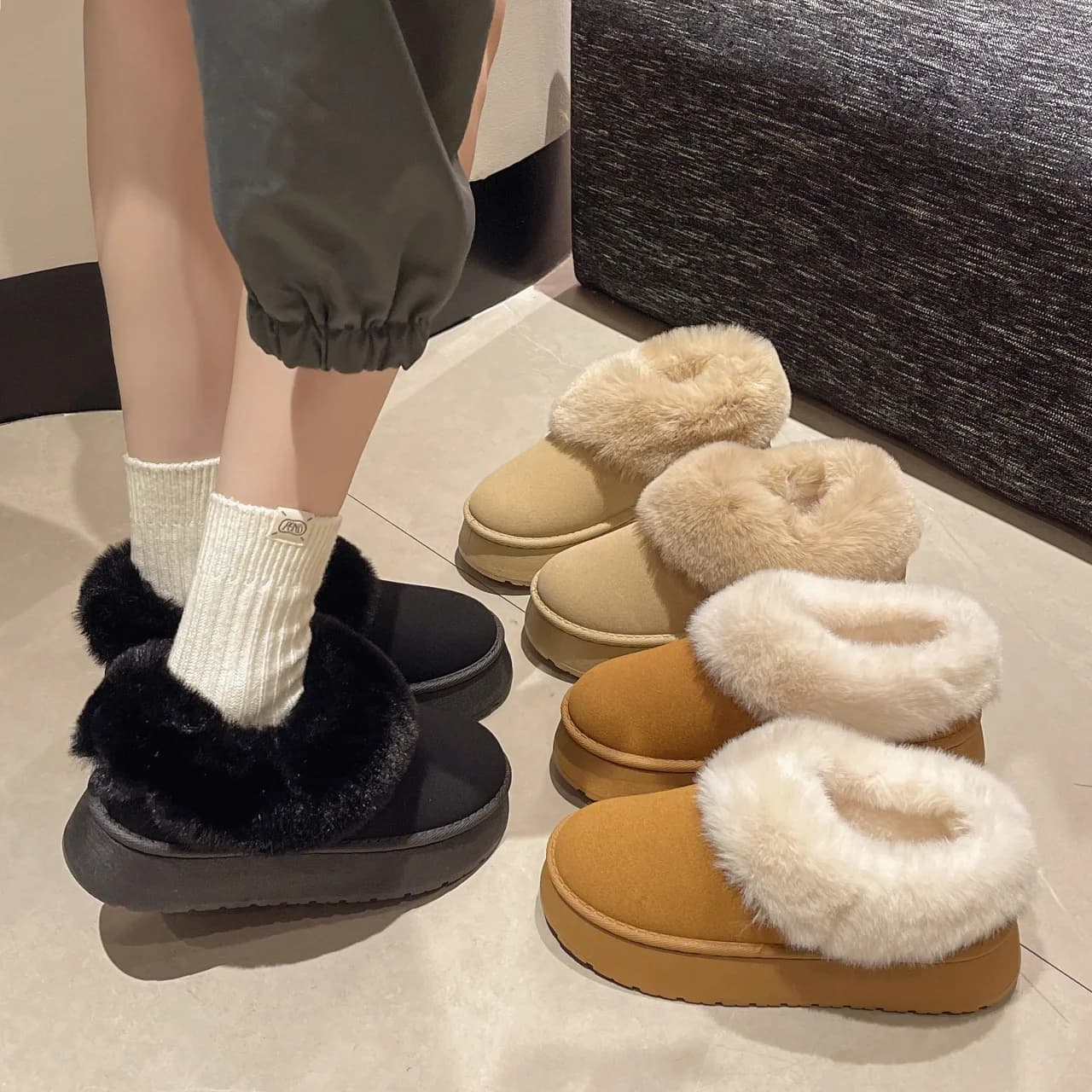 Stivali da Neve Invernali con Suola Spessa e Fodera in Pelliccia, Stile Coreano, Copriscarpe in Cotone per Donna, Scarpe Comode