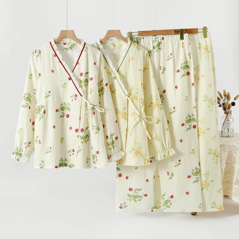Pastoral Cotton Confinement Clothes Thin Lace-up Adjustable Waist Breastfeeding Pajamas Set Long Sleeve Trousers Loungewear