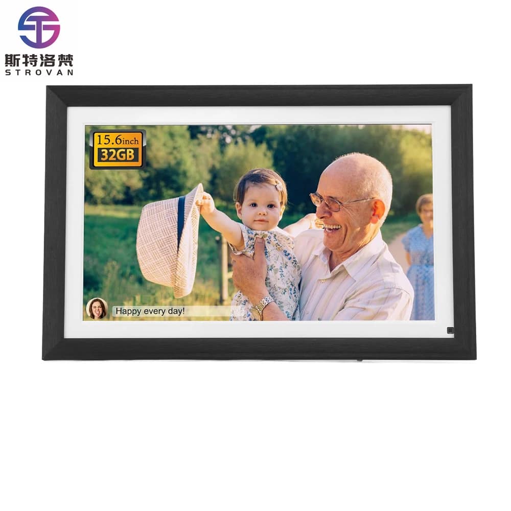 Cornice intelligente WiFi touchscreen Legno nero 32 GB Portafoto digitali grandi da 15,6 pollici Condividi foto video tramite