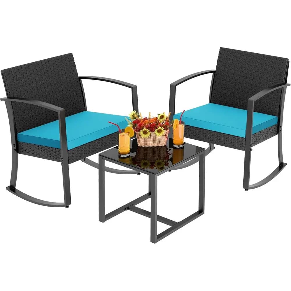 All-Weather 3-Piece Patio Rocking Chair Set with Cushions and Coffee Table - Blue