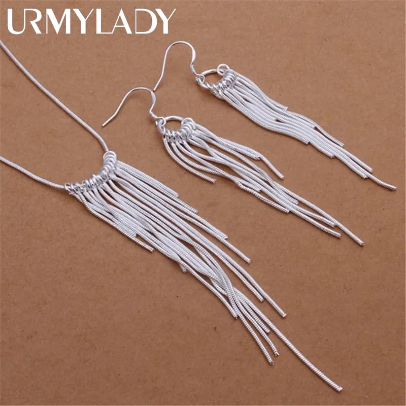 Fine 925 sterling Silver Jewelry sets for women 18 inches Tassel lines necklace earrings Fashion Party wedding Christmas Gifts