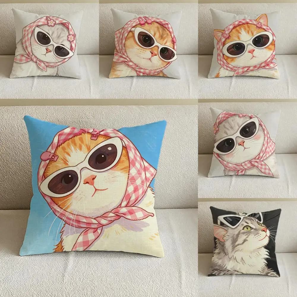 Fodera per cuscino con motivo gatto con occhiali da sole, set di federe in lino naturale, decorazione completa per divano, camera da letto e sedia