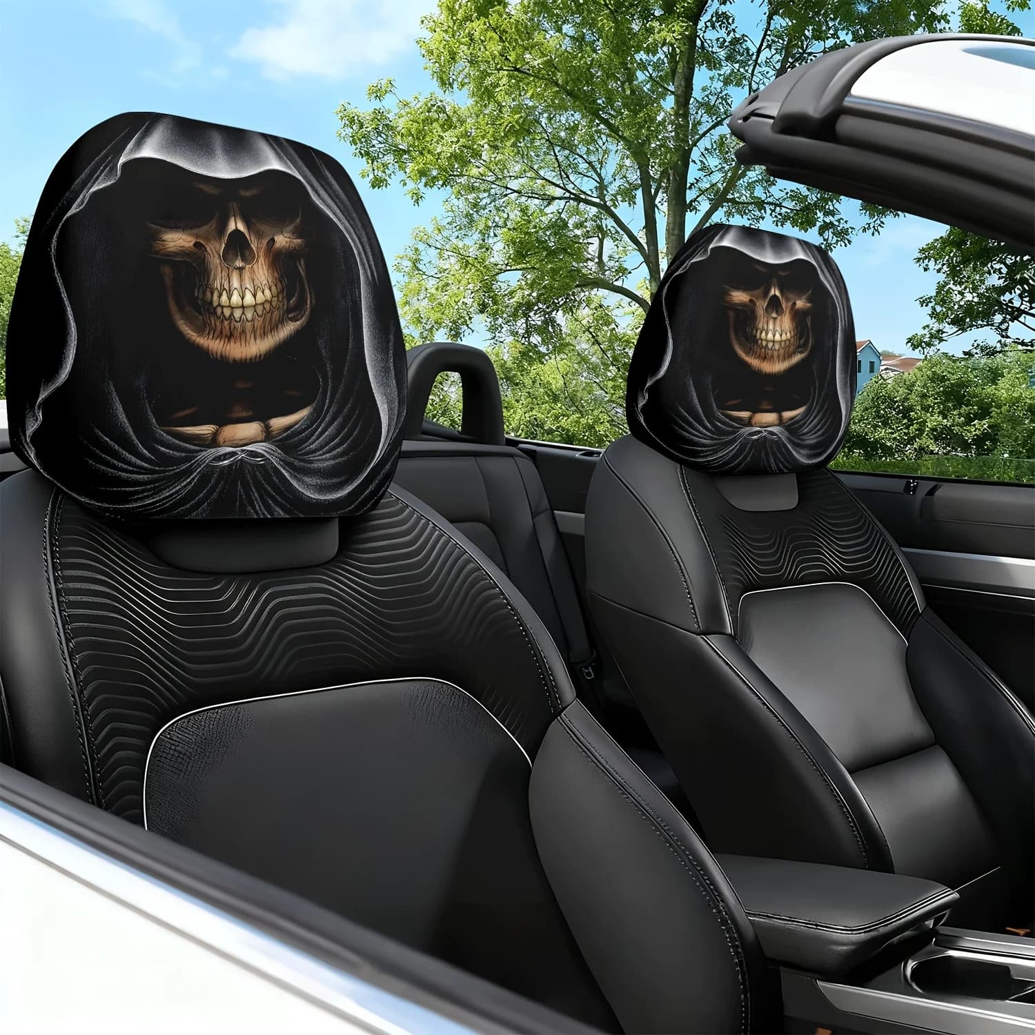 2 Pezzi Copricuscino per Poggiatesta Auto con Stampa a Tema Artistico Misterioso Teschio e Mantello - Design Carino - Auto I
