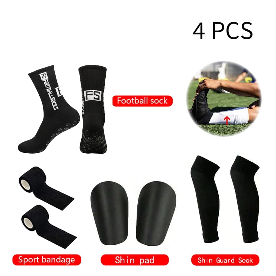Set da 4 pezzi Uomo Donna Attrezzatura da calcio Sport Calzini da calcio antiscivolo Calzini a compressione Protezioni per le gambe sportive Baffle Bende sportive
