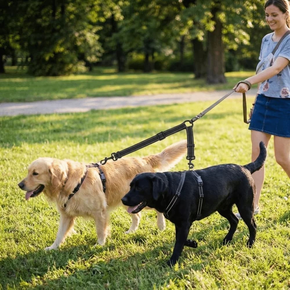Guinzaglio Doppio Elastico per Cani con Striscia Riflettente, Guinzaglio Bidirezionale Nero con Struttura Anti-Torsione, Guinzaglio Riflettente per Cani