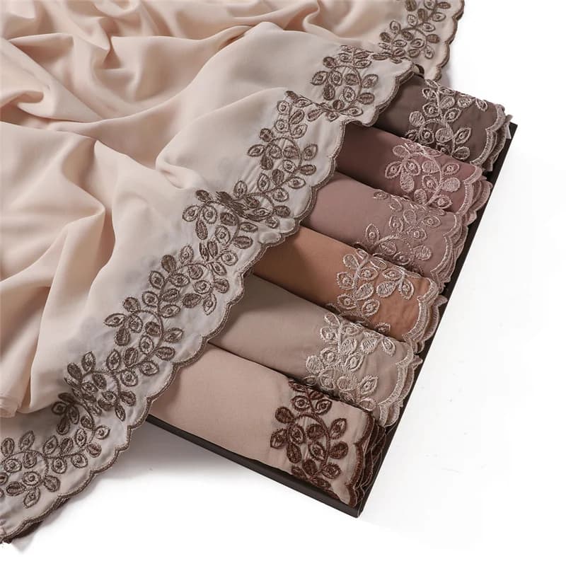 Flower Embroidered Plain Chiffon Hijab Ramadan Lace Point Shawls Woman Protection Solar Foulard Outdoor Windproof Wrap Head