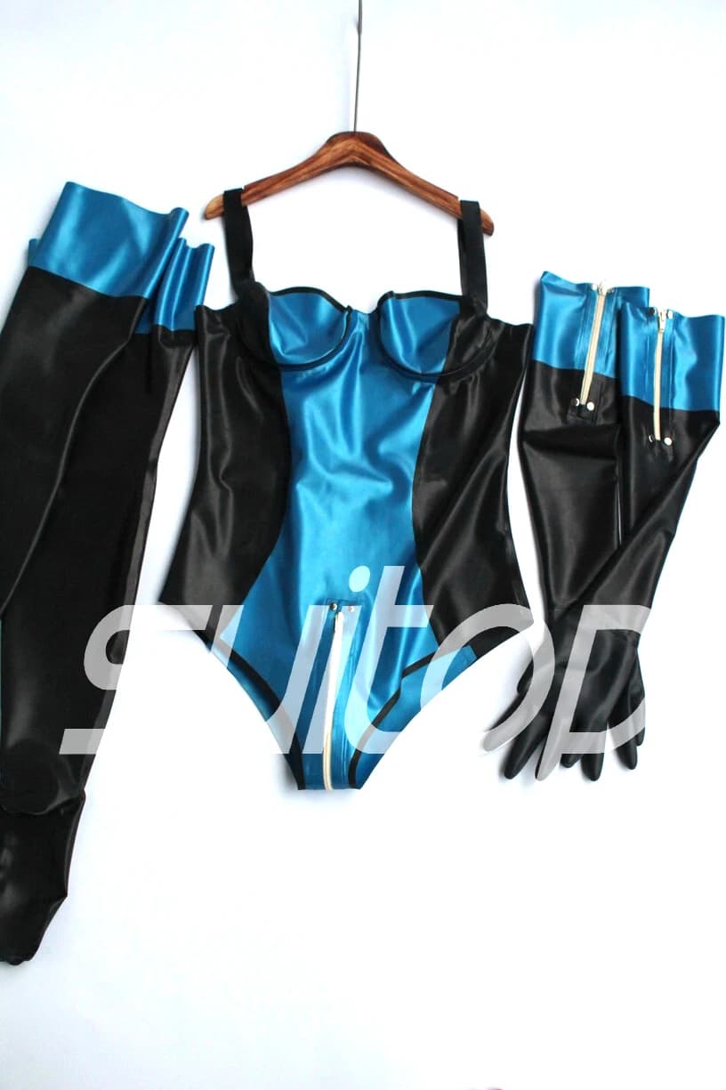 Set body da donna in lattice con guanti e calze in blu metallizzato
